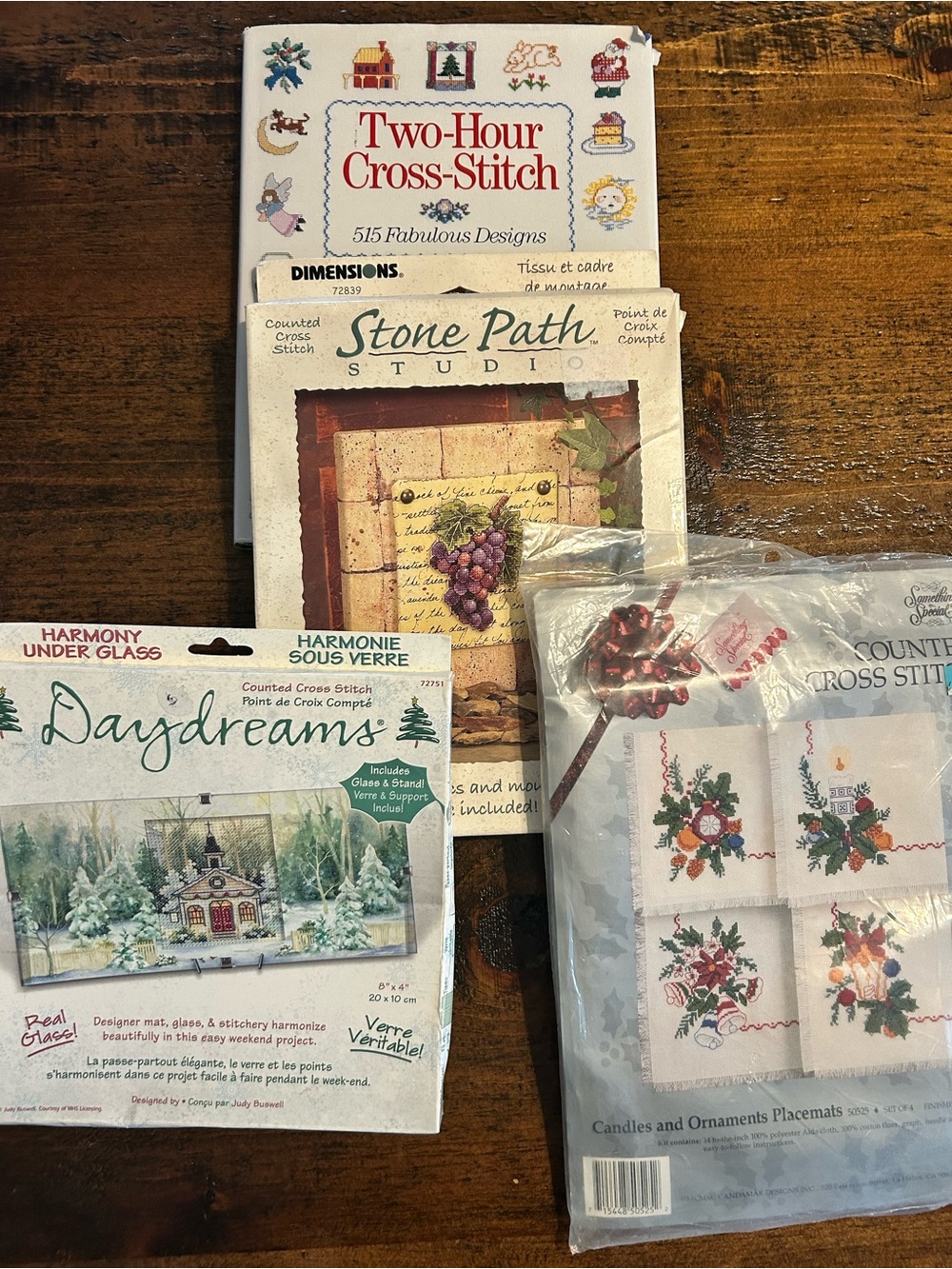 Lot of 3 cross stitch kits. One Patrice Boeren’s “Two hour cross-stitch book.